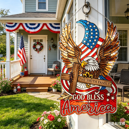 God Bless America Eagle Suncatcher – Personalized Patriotic Window Hanging, American Flag Stained Glass Decor, Veteran Gift