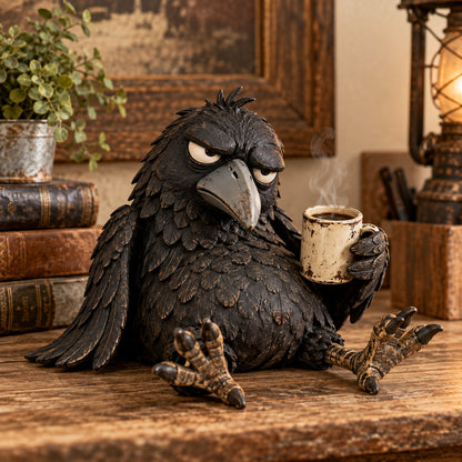 🖤 Rustic Vintage Raven Figurine with Coffee Mug – Grumpy Crow Farmhouse Tabletop Decor