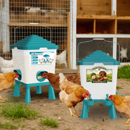 🐔 42LB Chicken Feeder & 5 Gal Waterer Set – No-Waste Auto Poultry Feeder with Cups – Complete Coop Kit 💧