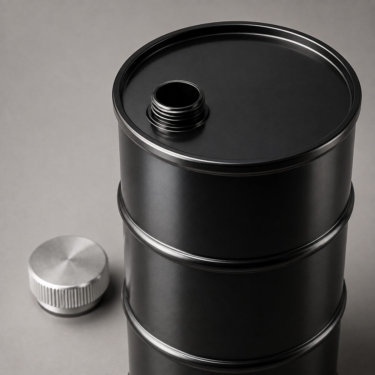 Mini oil drum bottle with its screw cap removed — AI-styled illustration