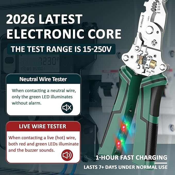 16 in 1 Wire Stripper Twister for Cutting and Pulling Wires,Cable Scissors,Voltage Tester Pliers, 12V to 250V Live,Null,Hot Wire Judgment AC DC, Audible and Flashing LED Alarms