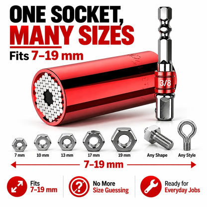 Universal Socket Tool – 7–19mm Self-Adjusting Grip Socket with Drill Adapter