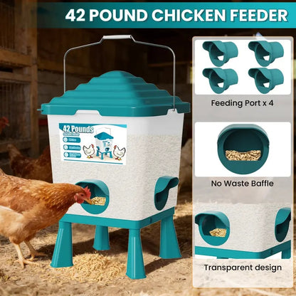 🐔 42LB Chicken Feeder & 5 Gal Waterer Set – No-Waste Auto Poultry Feeder with Cups – Complete Coop Kit 💧