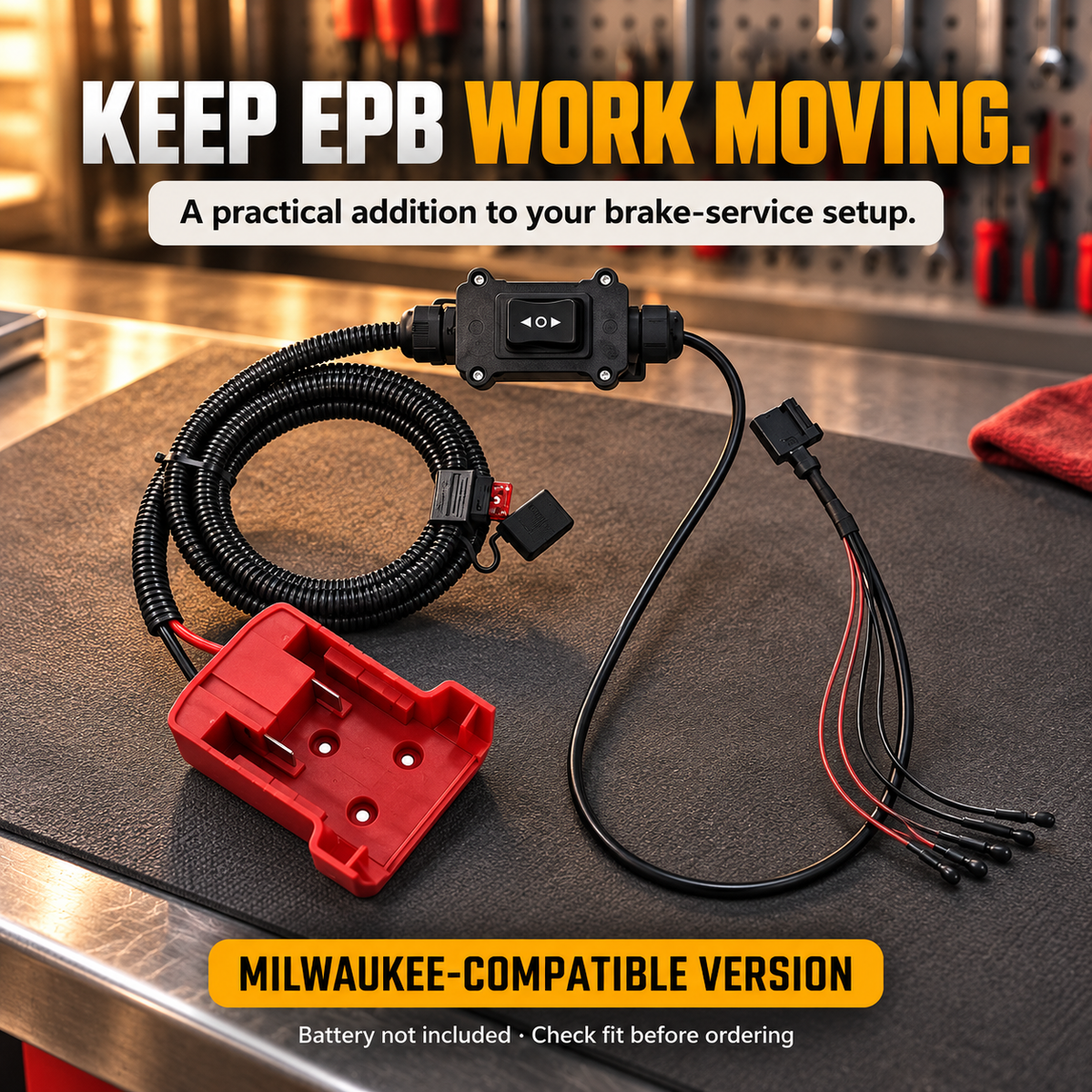 Milwaukee-compatible EPB release tool with empty red battery interface