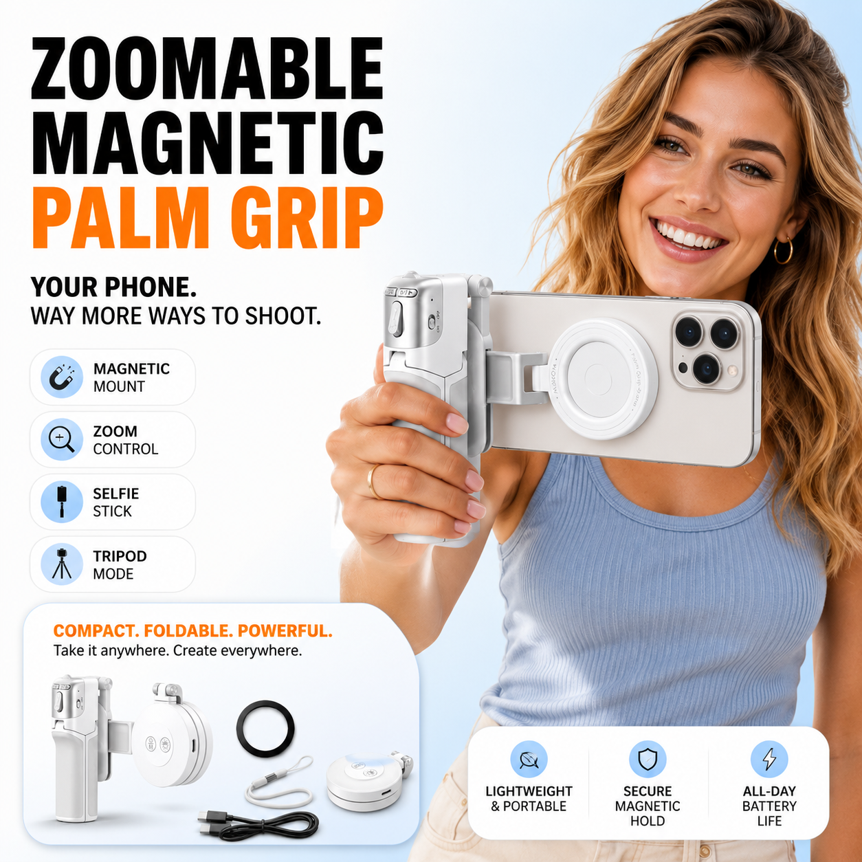 📸 Zoomable Magnetic Palm Grip | Selfie Stick & Tripod