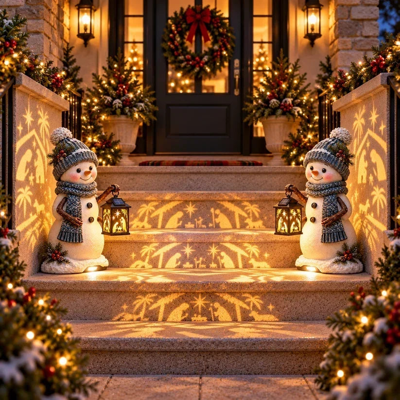 ⛄ Last Day 49% Snowman Nativity Glow™ – Solar Christmas Step Light with Holy Family Projection！！！