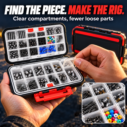 Clear compartments help organize small fishing tackle