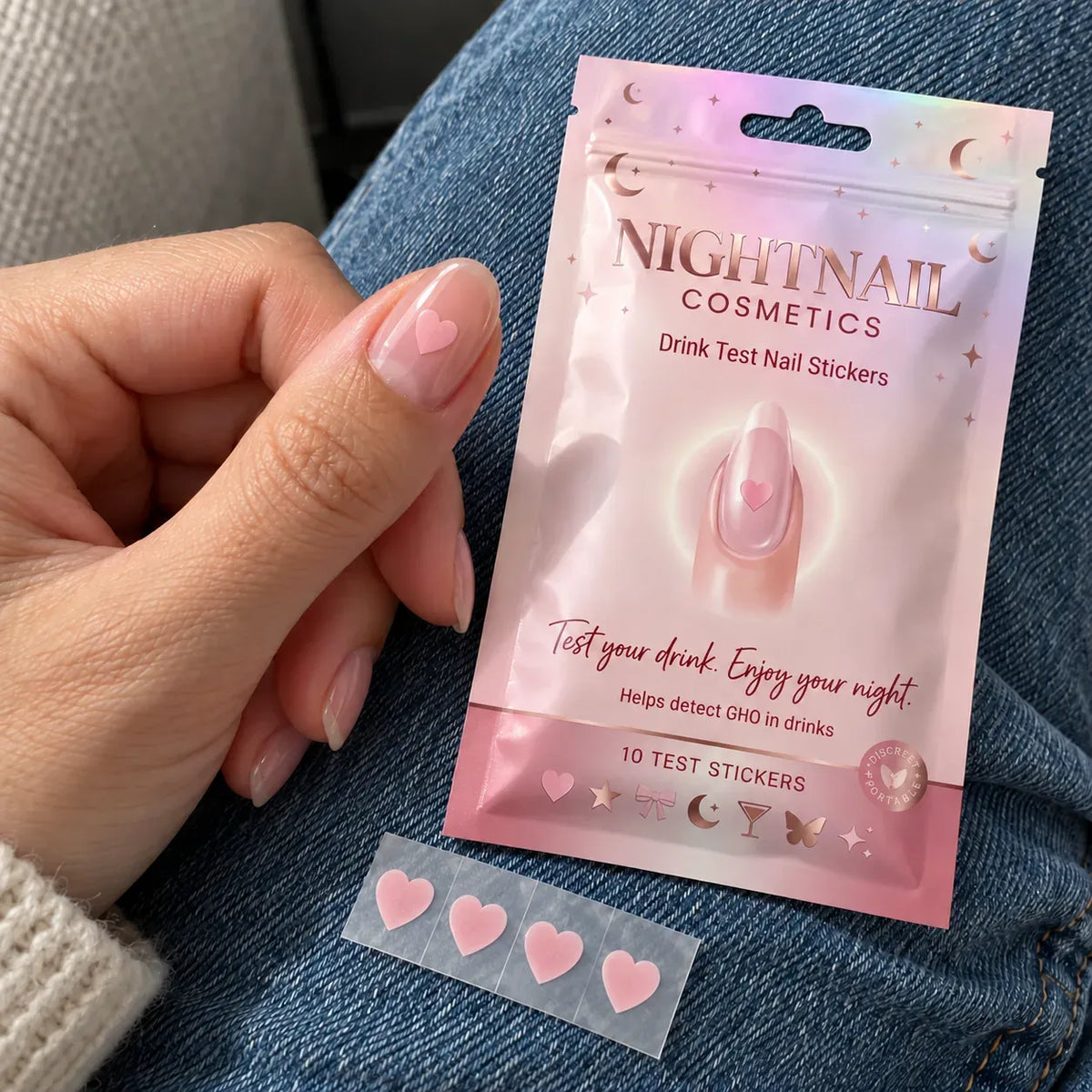 💗 Discreet Drink Test Nail Stickers – Heart-Shaped GHB Detection Stickers for Women's Night Out Safety ✨