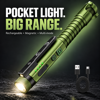 Olive green rechargeable magnetic EDC flashlight with USB-C cable