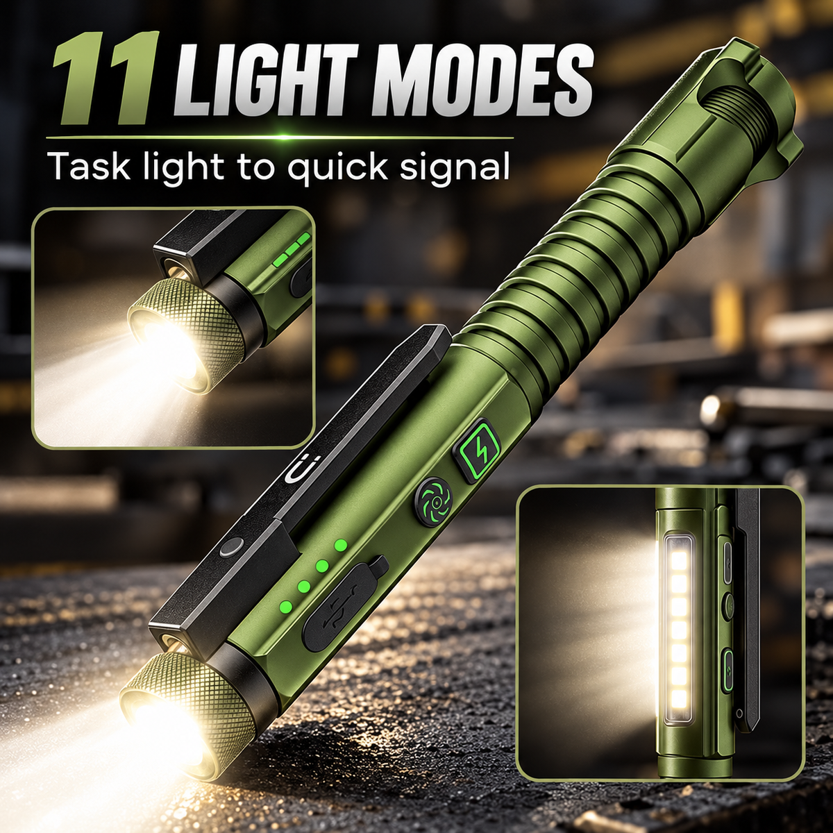 Eleven light modes, front beam and side work light