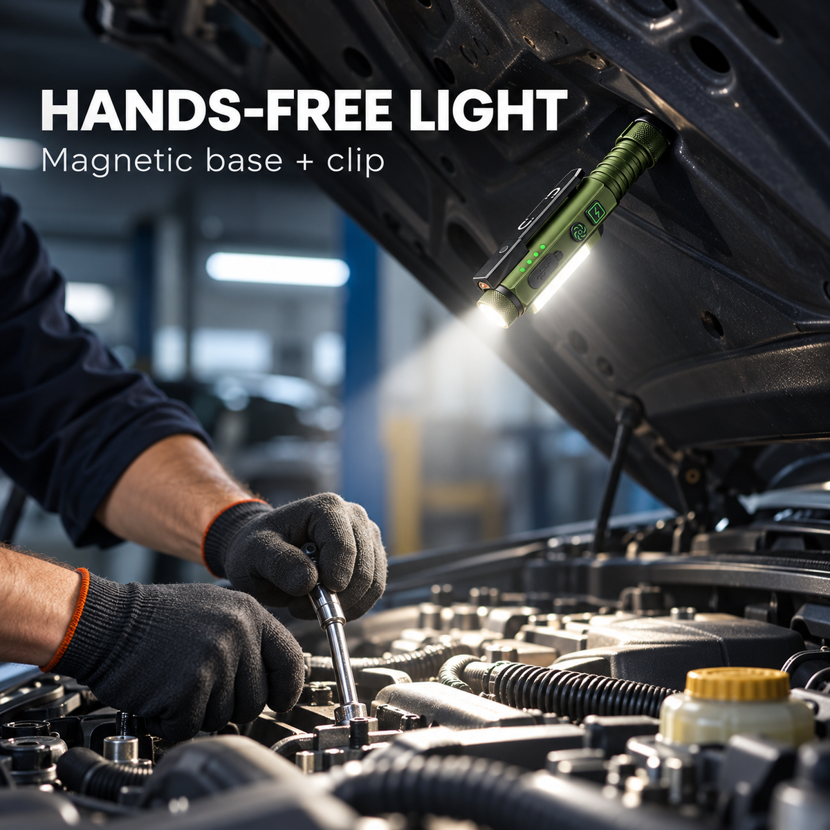 Magnetic flashlight under a vehicle hood for hands-free repair