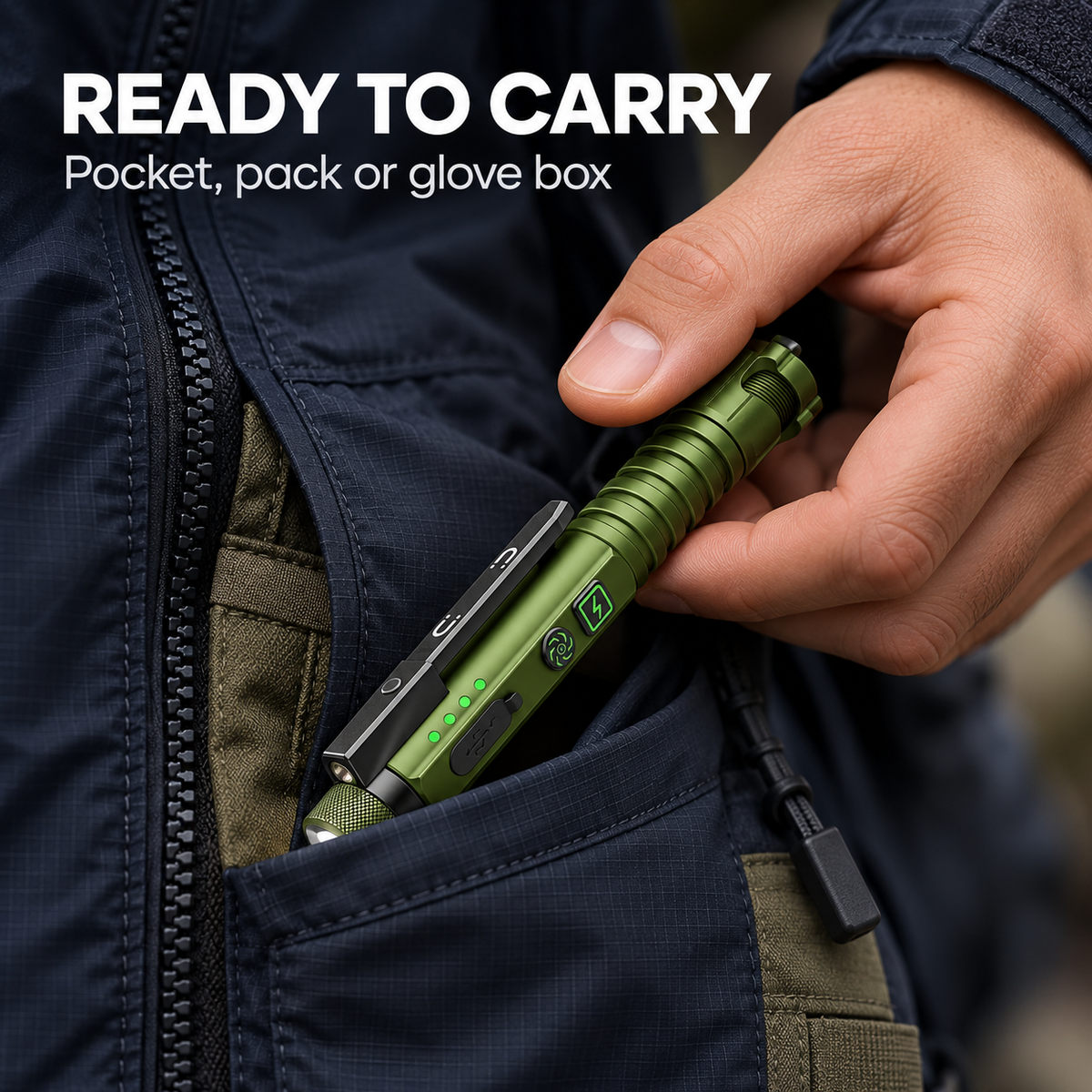Compact EDC flashlight carried in a jacket pocket