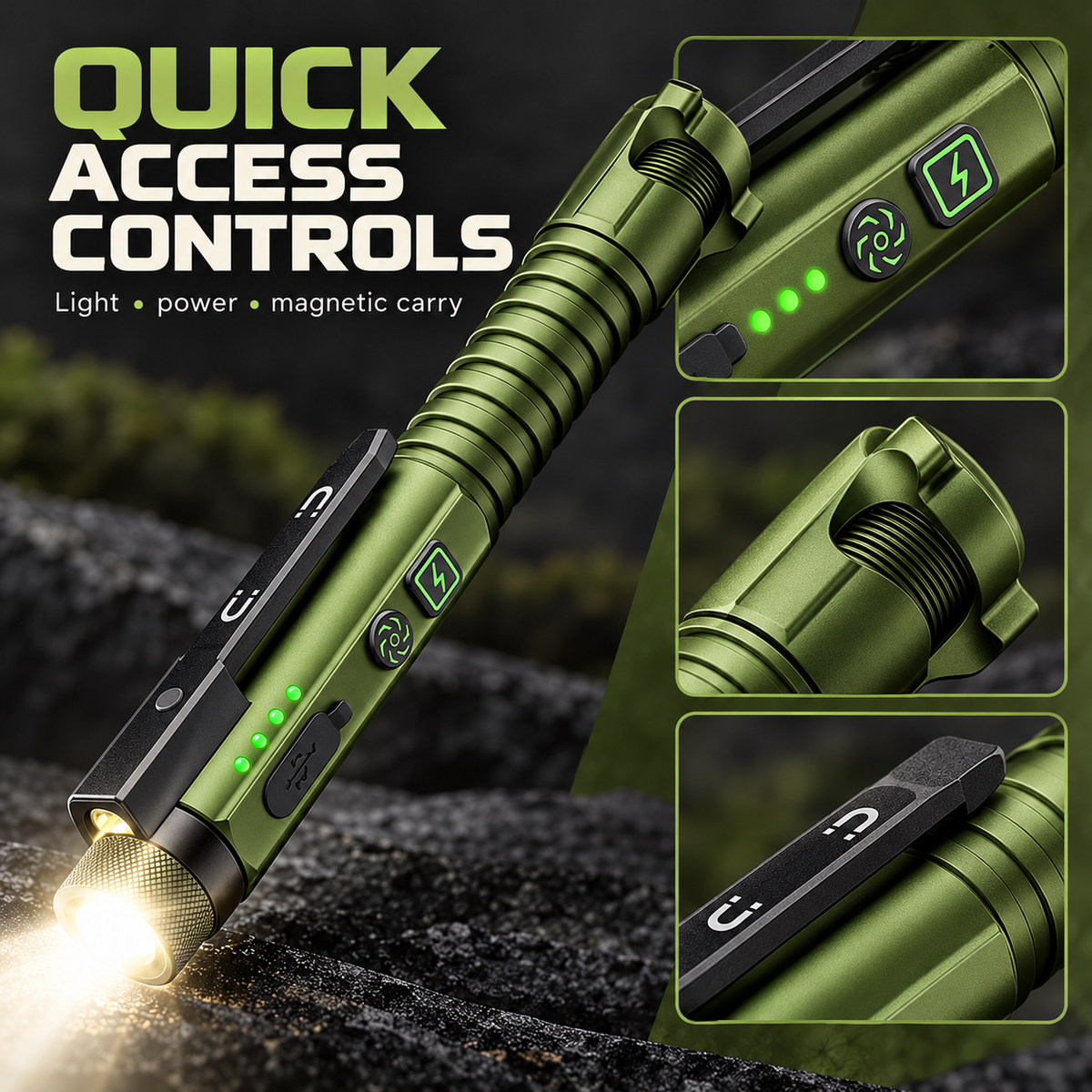 Close-up of flashlight controls and magnetic clip