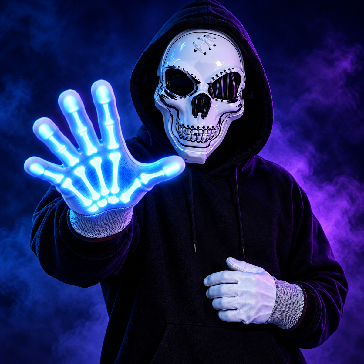 Mask and glowing glove worn with black hood