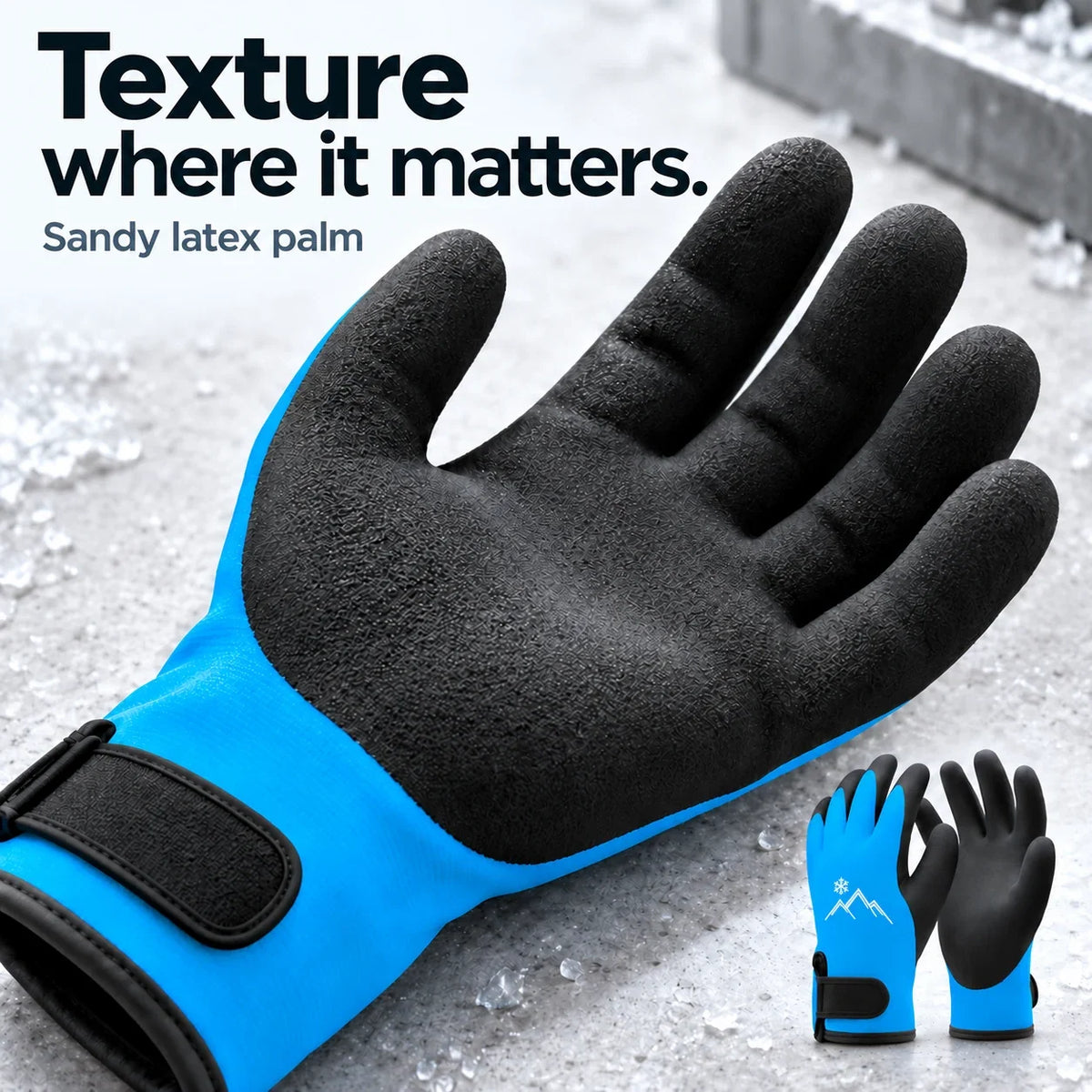 Close-up of sandy latex palm texture on blue work glove